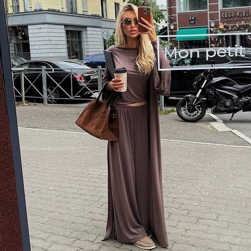 Casual Yellow Women 3 Pieces Suits V-neck Long Coat O-neck Slim Top Wide Leg Trousers Summer New Fashion