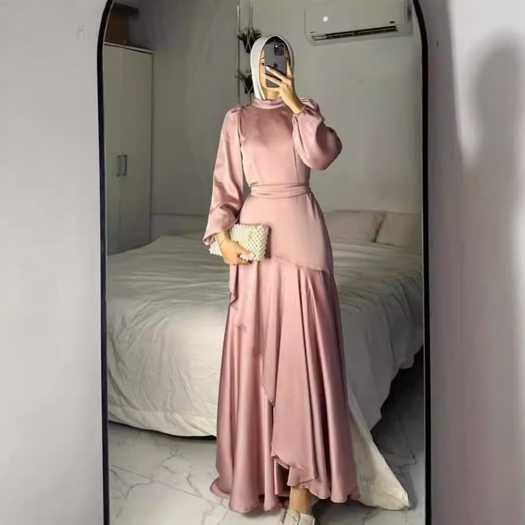 New Fashion Muslim Women's Satin Solid Color Gown with Lace Hem And Belt Large Swing Fashionable Elegant Dress