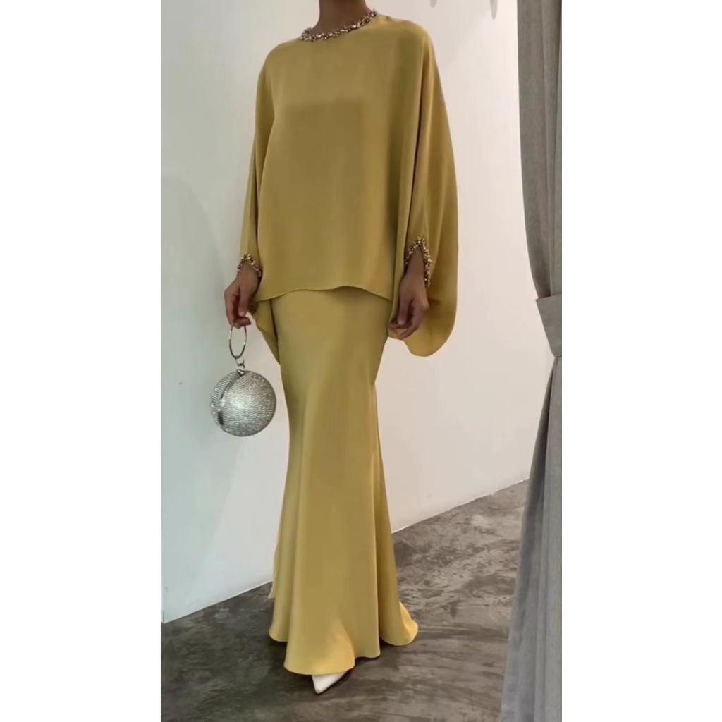 Elegant 2pcs Dress Women Muslim Abaya 2 Piece Sets Bat Sleeve Skirts Suits Pearl Dresses Vestido Eid Hijab Islam Clothin
