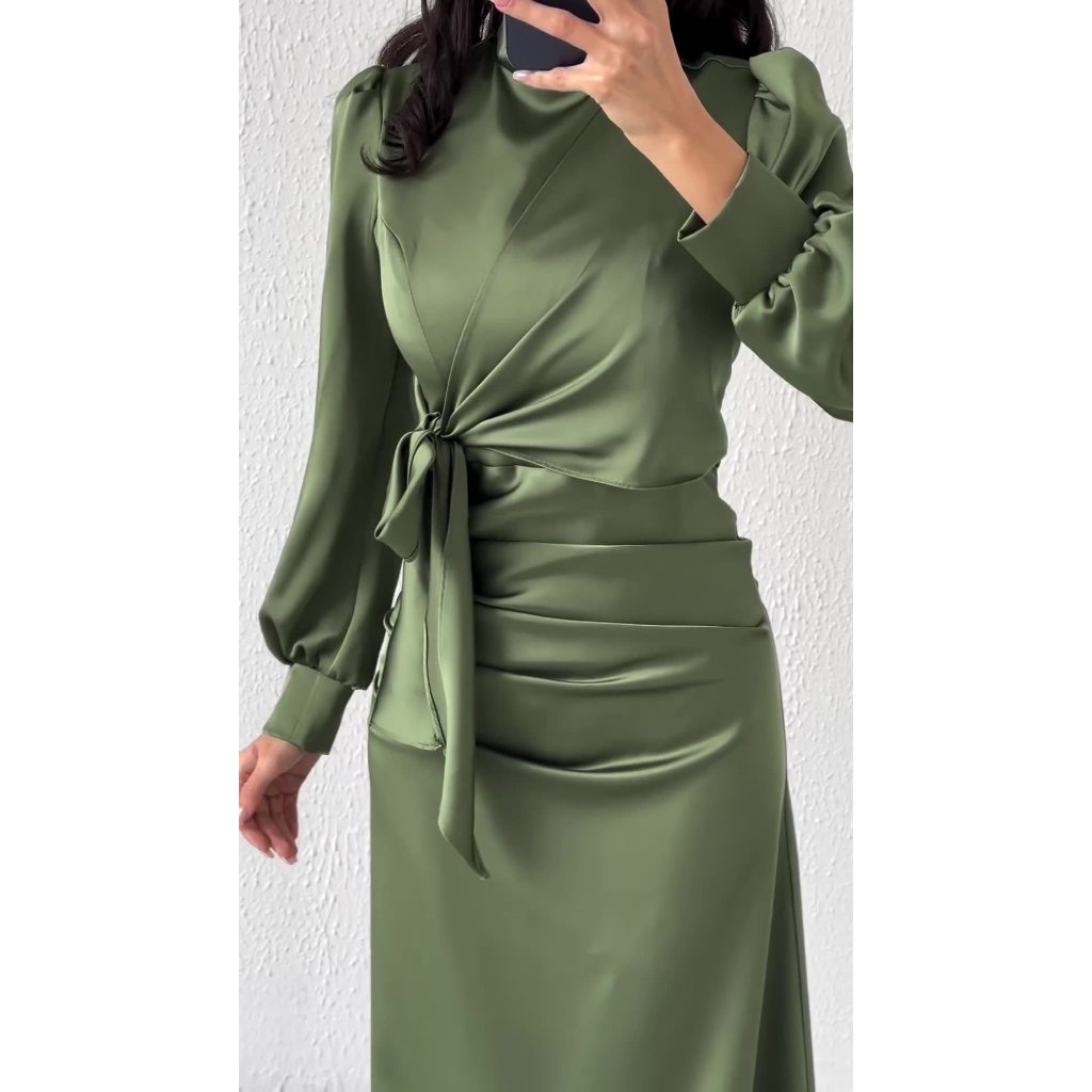 Dress Women Autumn Fashion Solid Color Satin Dress Women High Neck Long Sleeve High Waist Tie Up Elegant Slim Maxi Dress