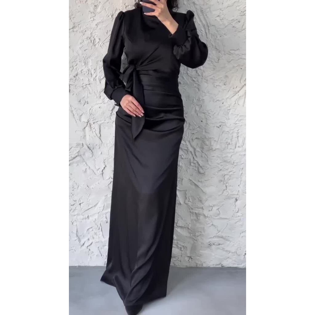Dress Women Autumn Fashion Solid Color Satin Dress Women High Neck Long Sleeve High Waist Tie Up Elegant Slim Maxi Dress