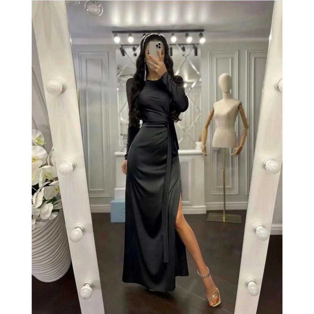 Women Sexy High Slit Satin Party Dress Office Fashion Boadycon Long Dresses Elegant O Neck Long Sleeve Solid Maxi Dress