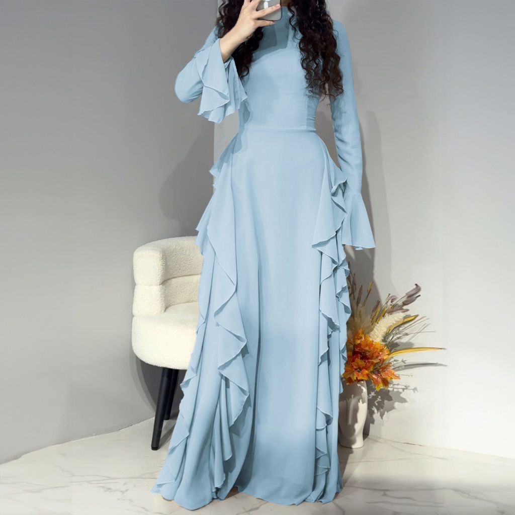 Elegant Midi Women's Dress Elegant Casual High Waisted Solid Color Design Flared Sleeves Dress