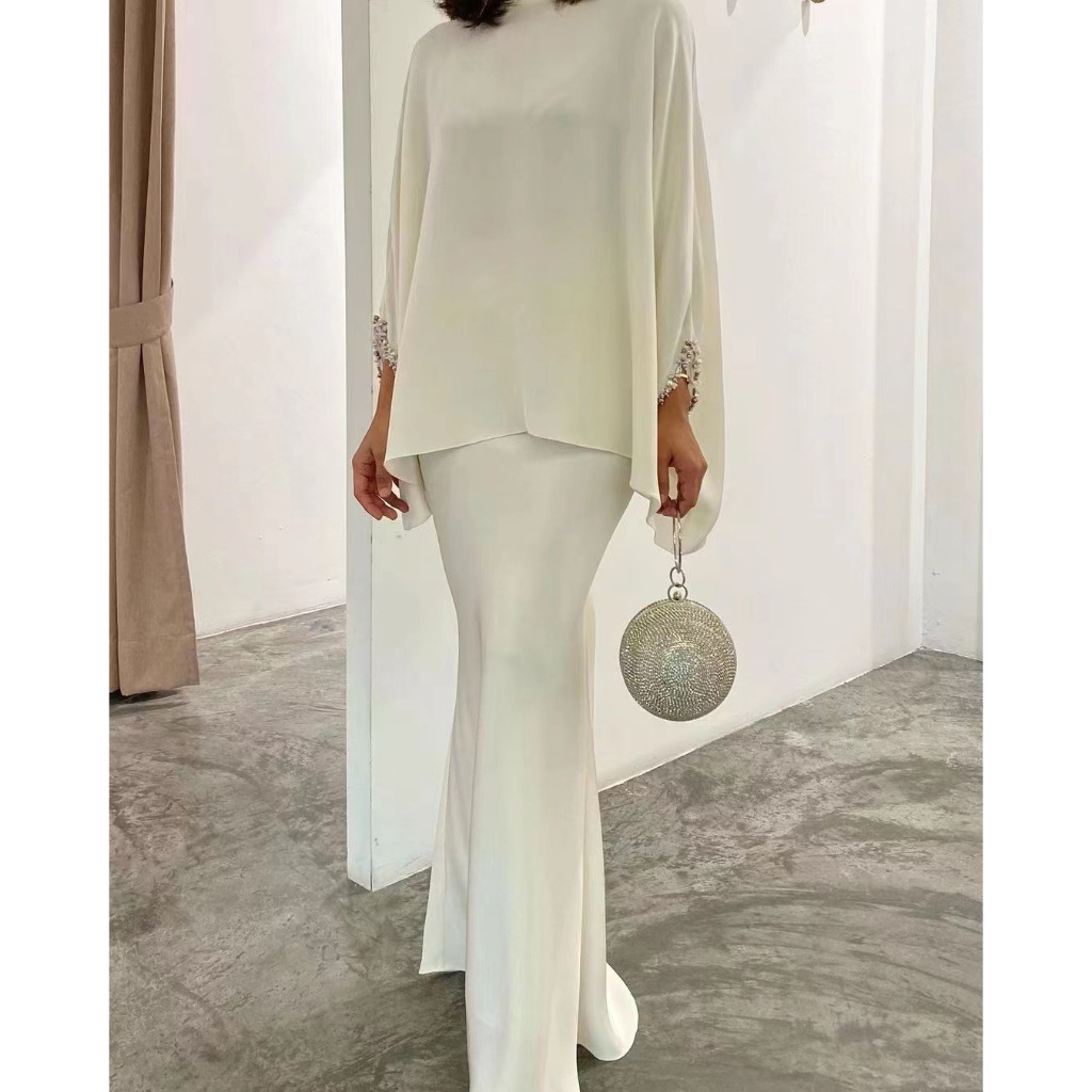 Elegant 2pcs Dress Women Muslim Abaya 2 Piece Sets Bat Sleeve Skirts Suits Pearl Dresses Vestido Eid Hijab Islam Clothin