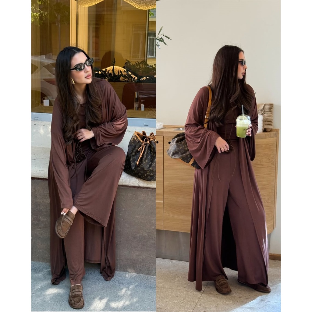 High Waist Wide Leg Pants Solid Color Long Sleeve Floor-Length Robe Round Neck Ladies' 3-Piece Set