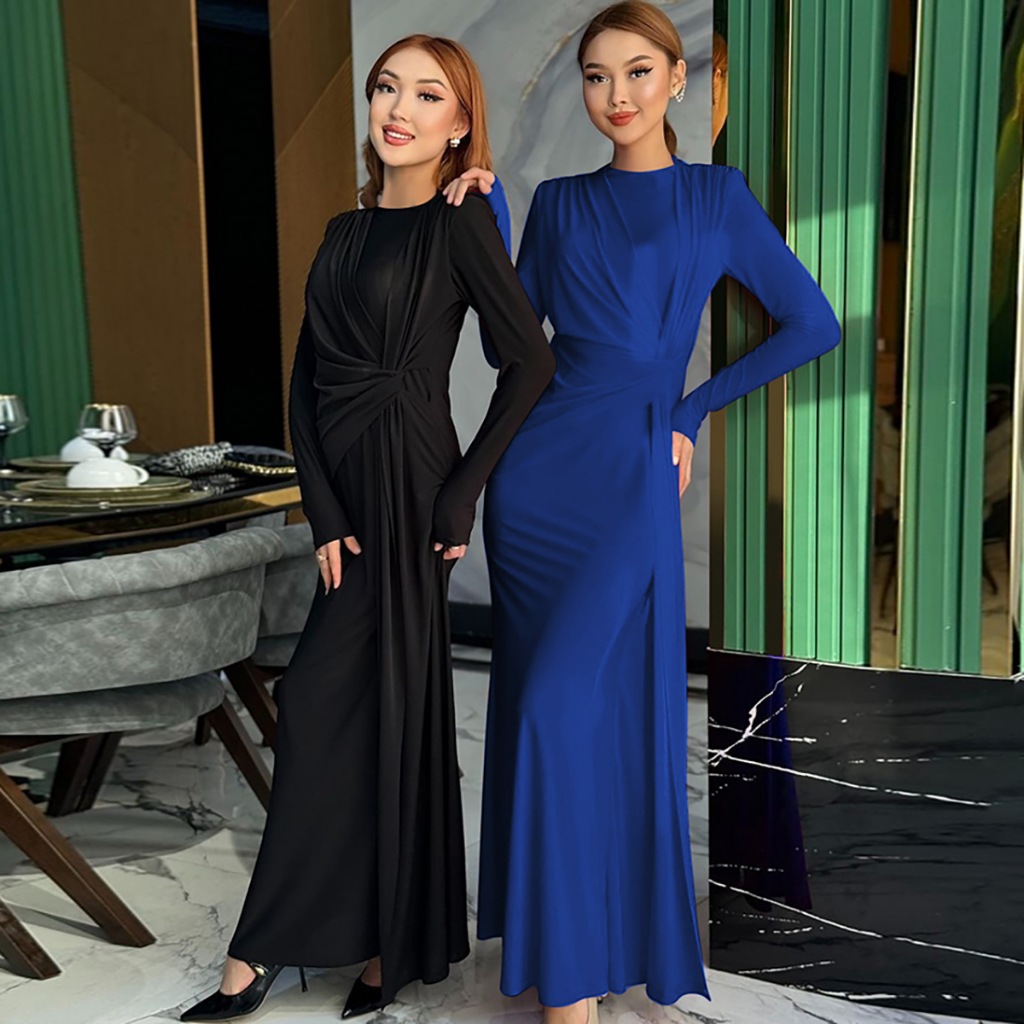 Long Sleeves Shoulder Pad Ruched Maxi Dress Solid Elegant Prom Evening Party Long Dress Women’S Outfit