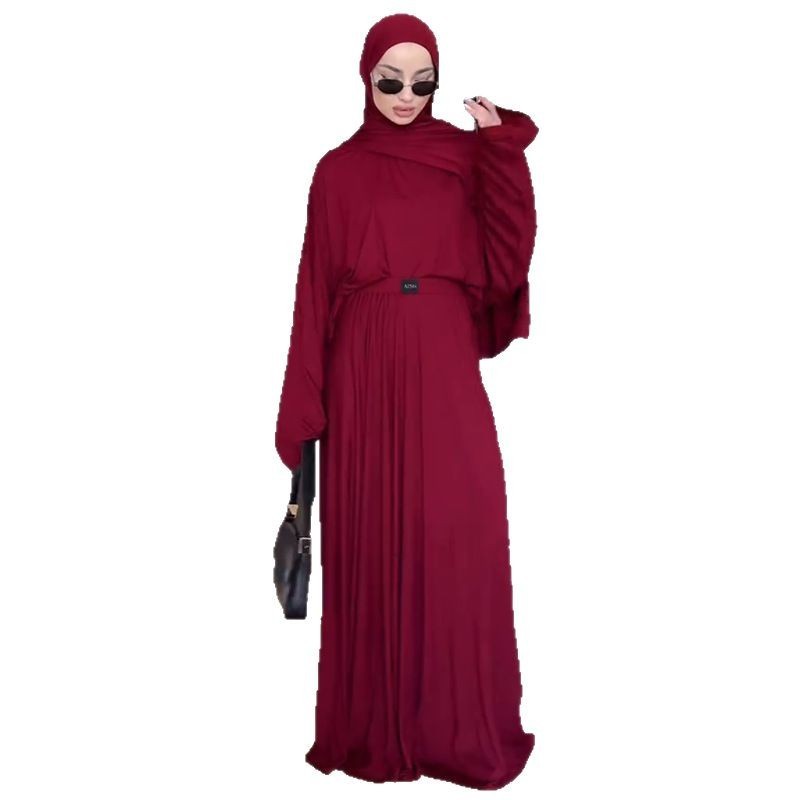 Muslim women's clothing new solid color long-sleeved top pleated long skirt suit