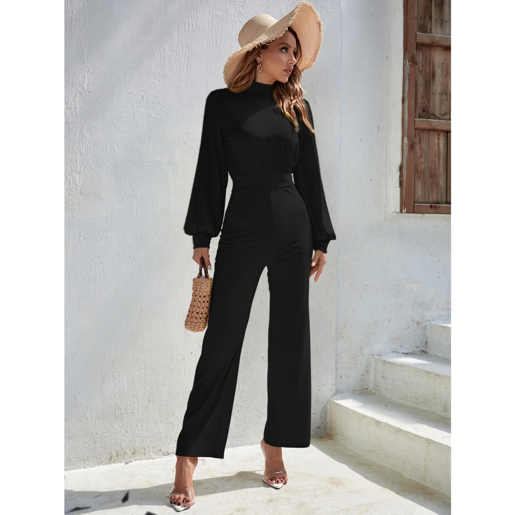 Sexy Bodysuit Women Jumpsuits Wide Leg Solid Color High Neck Long Sleeve Streetwear