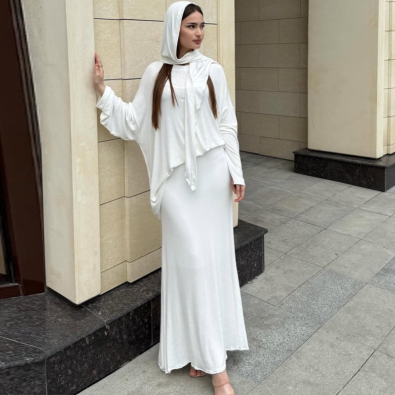 Elegant Modest Fashion Muslim Women Abaya Set Chic Headscarf & Long-Sleeve Dress Dubai Style