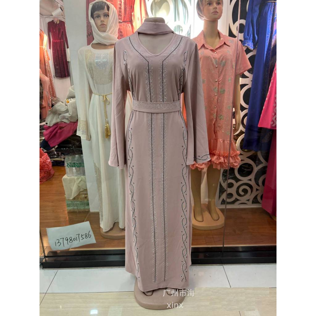 Dubai Muslim robe dress large size satin fashion hot diamond summer round neck pullover long skirt