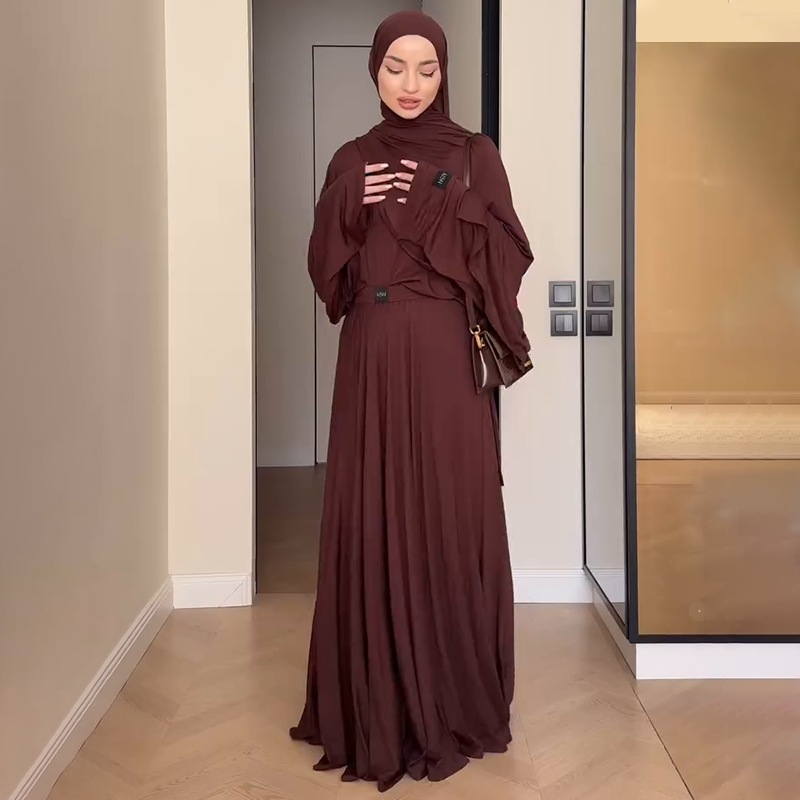 Muslim women's clothing new solid color long-sleeved top pleated long skirt suit