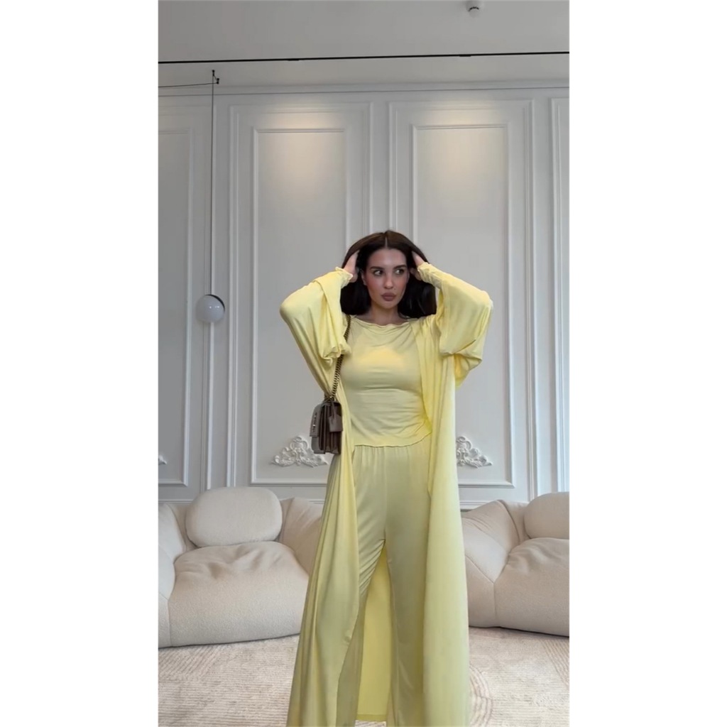High Waist Wide Leg Pants Solid Color Long Sleeve Floor-Length Robe Round Neck Ladies' 3-Piece Set