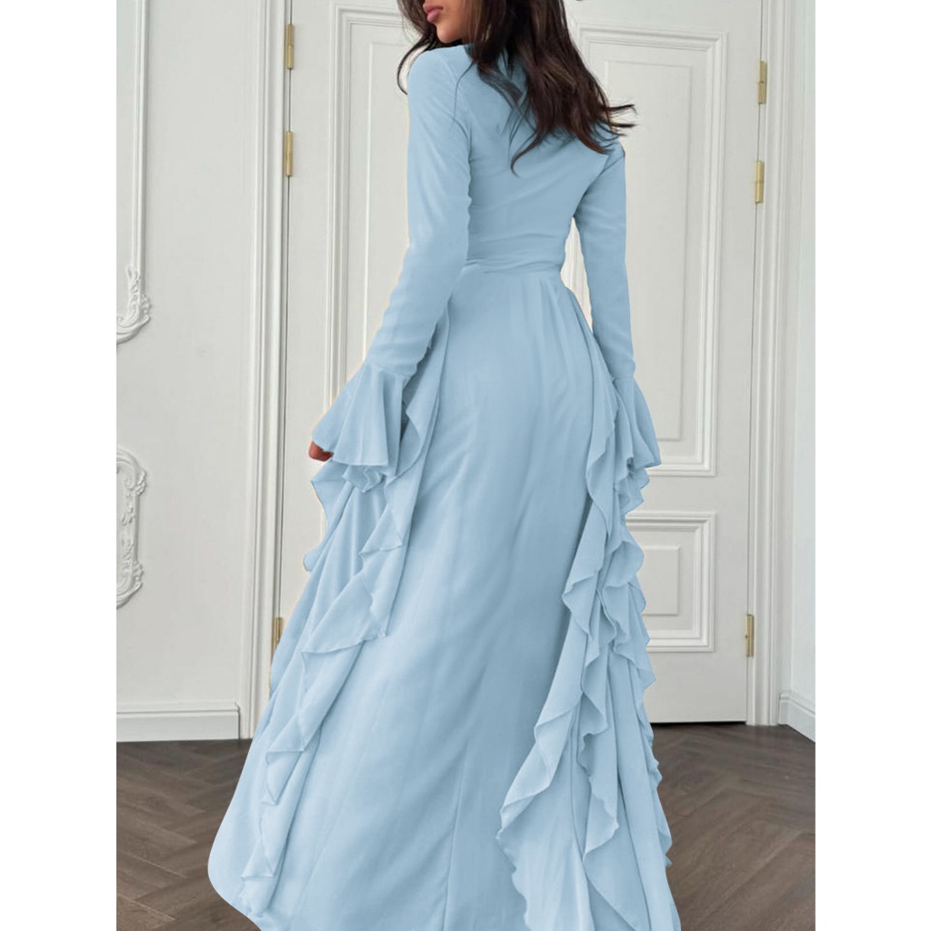 Elegant Midi Women's Dress Elegant Casual High Waisted Solid Color Design Flared Sleeves Dress