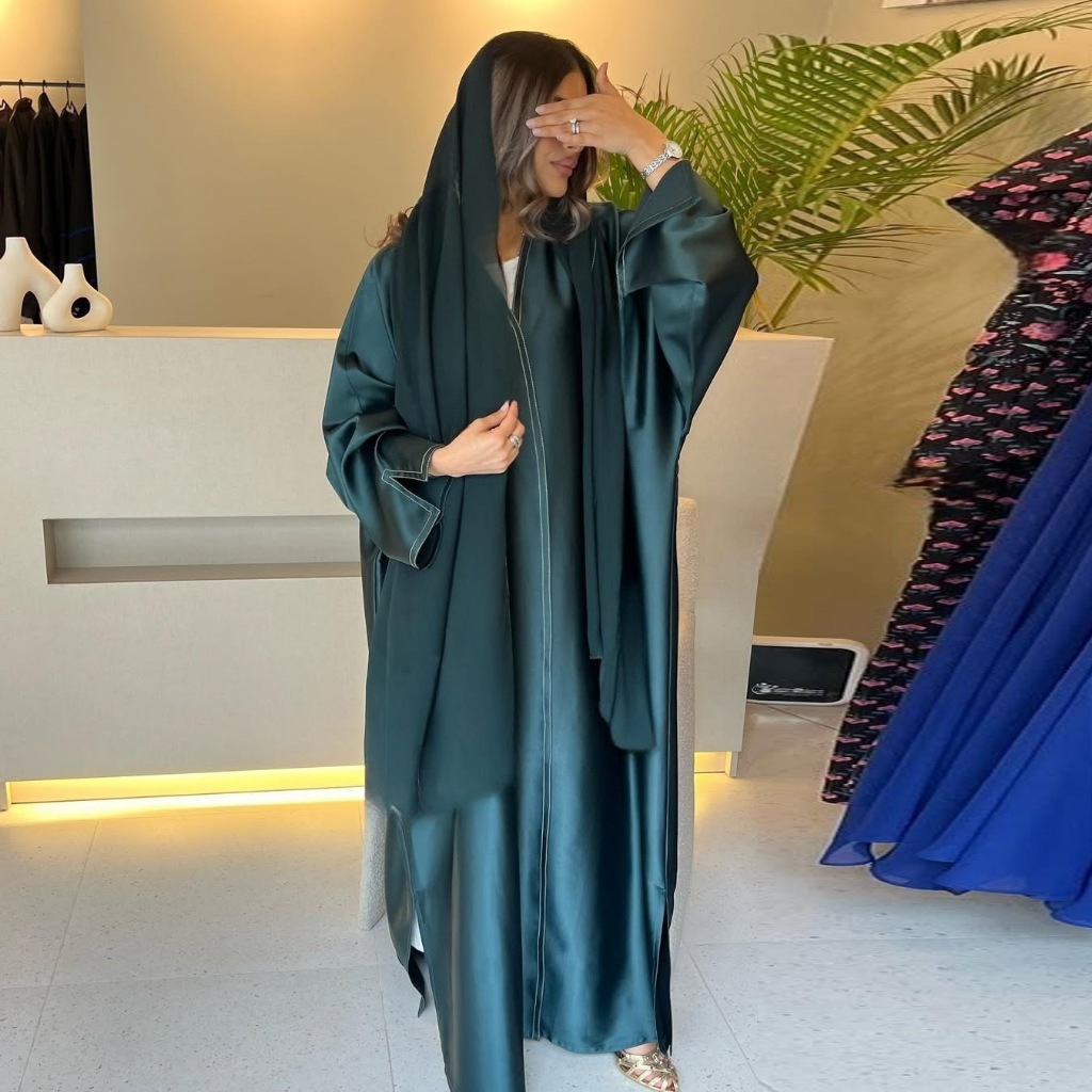 Luxury Elegant Eid Abaya Muslim Islamic Open Abaya Dubai Kaftan Maxi Robe Women Dress Satin Open Kimono
