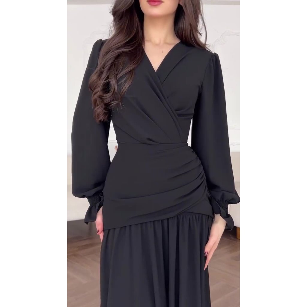 Black Chiffon Women's Dress Empire Waist Ankle-Length Square Collar Puffy Sleeve New Design