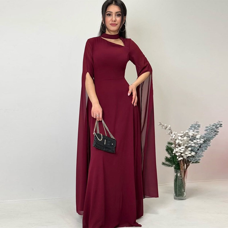 Spring Women's New Elegant Solid Color Waist Cinching Chiffon Big Batball Sleeve Dress Party Dinner Waist Cinching Dress