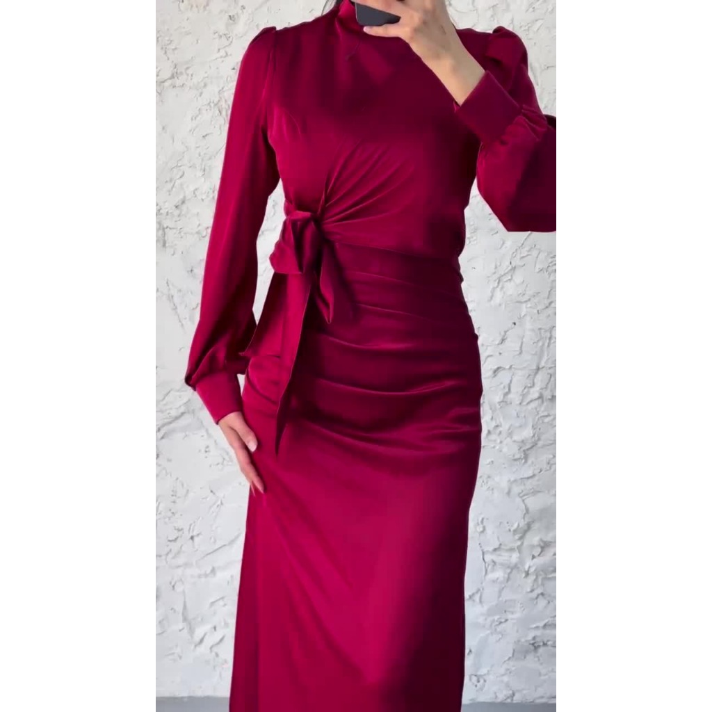 Dress Women Autumn Fashion Solid Color Satin Dress Women High Neck Long Sleeve High Waist Tie Up Elegant Slim Maxi Dress