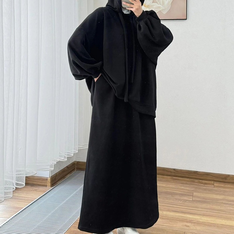 Arab Women's Set Two Pieces Suit Long Sleeve Hooded Tops Loose High Waist Skirt with Pocket Dubai Casual Clothing