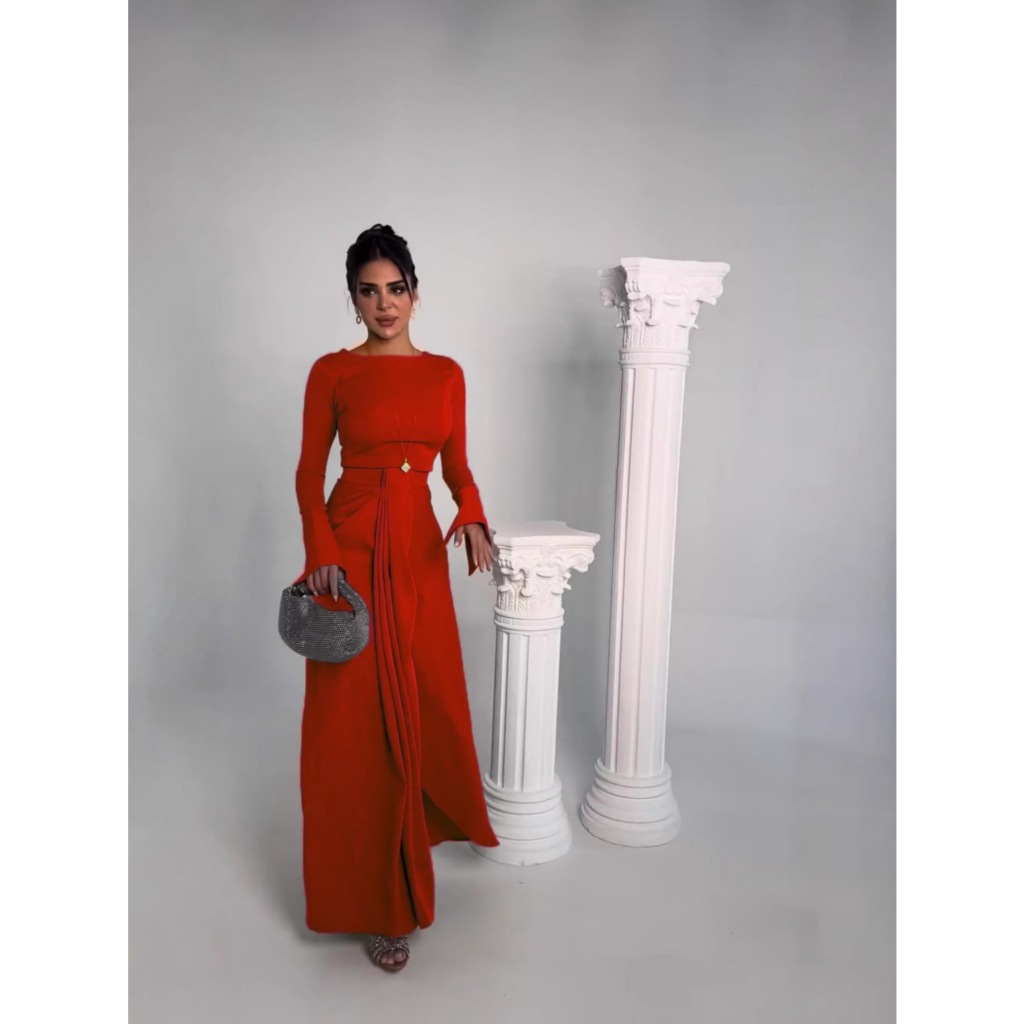 Casual Solid Prom Dress Elegant O Neck High Waist Pleated Commuter Dress New Autumn Fashion Flared Sleeve Split