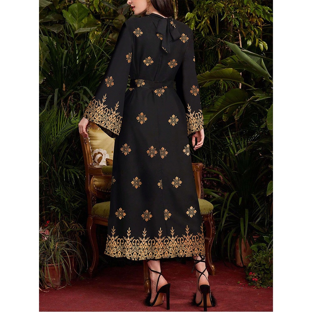 Elegant Black Printed Long-Sleeved Dress – Slim Fit, Waist-Hugging Maxi for Women Formal, Casual & Party Wear