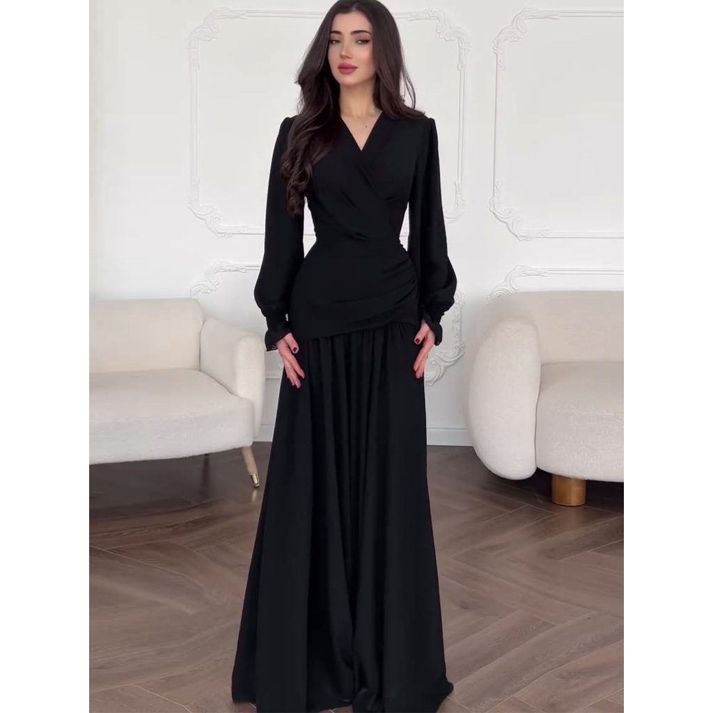 Black Chiffon Women's Dress Empire Waist Ankle-Length Square Collar Puffy Sleeve New Design