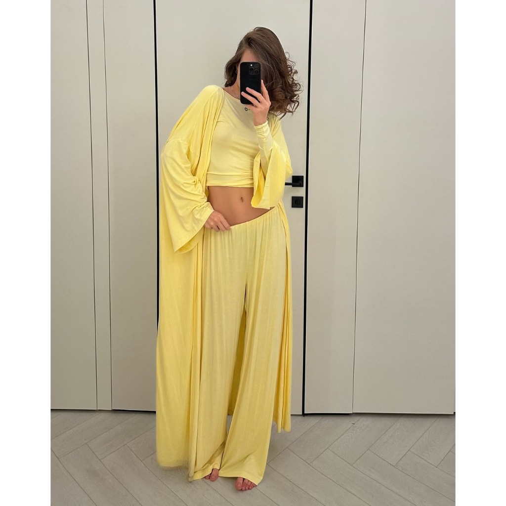 Casual Yellow Women 3 Pieces Suits V-neck Long Coat O-neck Slim Top Wide Leg Trousers Summer New Fashion