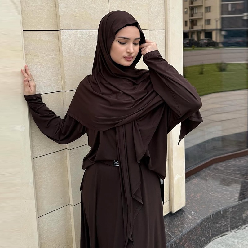 Elegant Modest Fashion Muslim Women Abaya Set Chic Headscarf & Long-Sleeve Dress Dubai Style