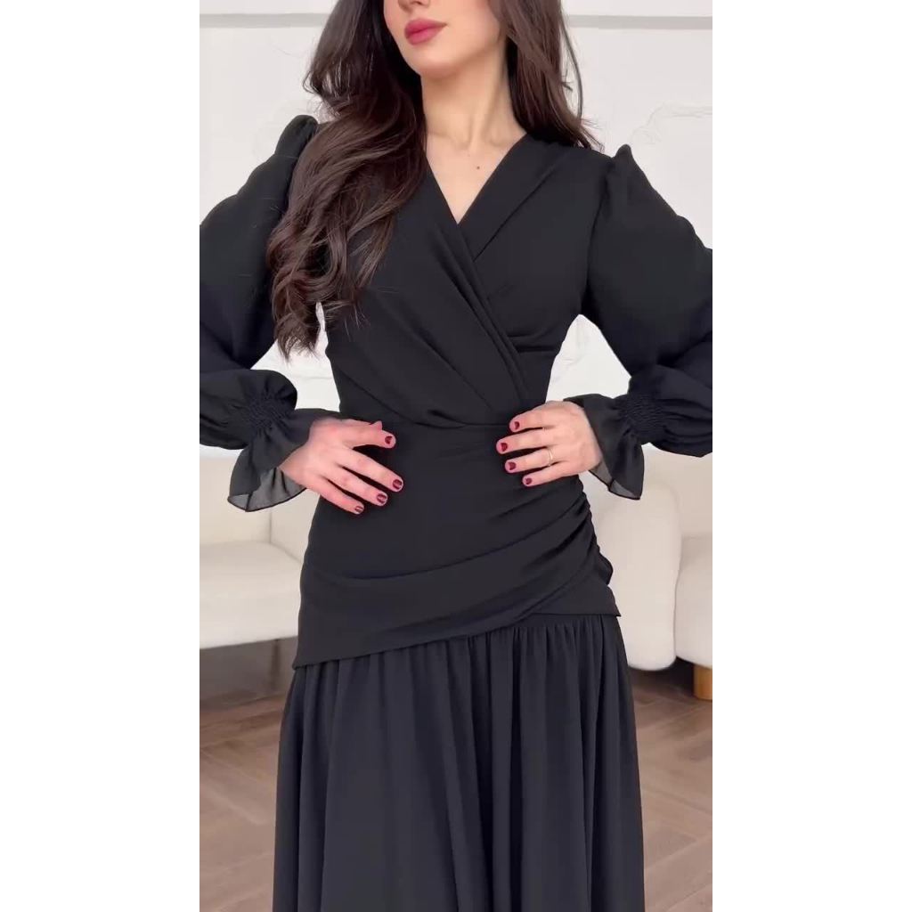 Black Chiffon Women's Dress Empire Waist Ankle-Length Square Collar Puffy Sleeve New Design