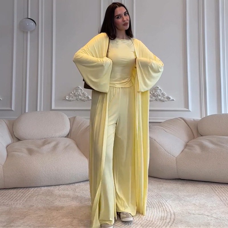 High Waist Wide Leg Pants Solid Color Long Sleeve Floor-Length Robe Round Neck Ladies' 3-Piece Set