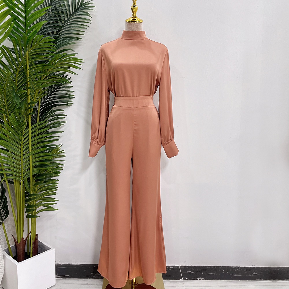 2 Piece Set Abayas Women Plain Satin Islamic Clothing Belted Tops+Long Pants Sets Muslim Dress Dubai Outfits