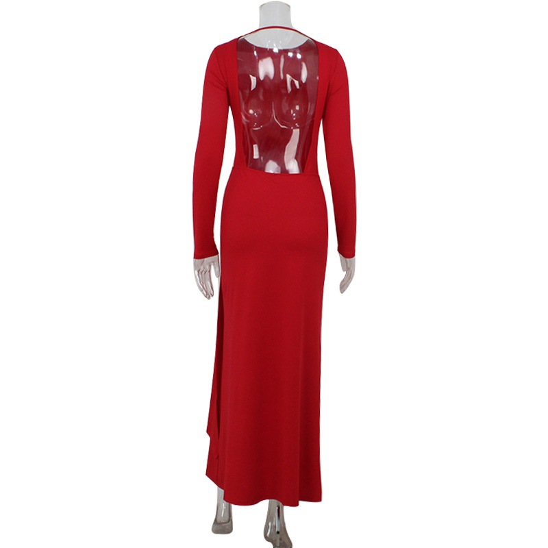 Fashion Women's Maxi Dresses Solid Blackless Sexy Sheath O-Neck Regular Long Sleeves Bodycon Female Party Vestidos Robes