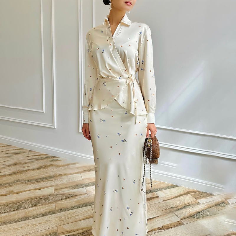 2 Piece Sets Elegant Muslimah Women V-neck Long Sleeved Top and Skirt Fashion Floral Print Slim Fit Suit Party Outfits