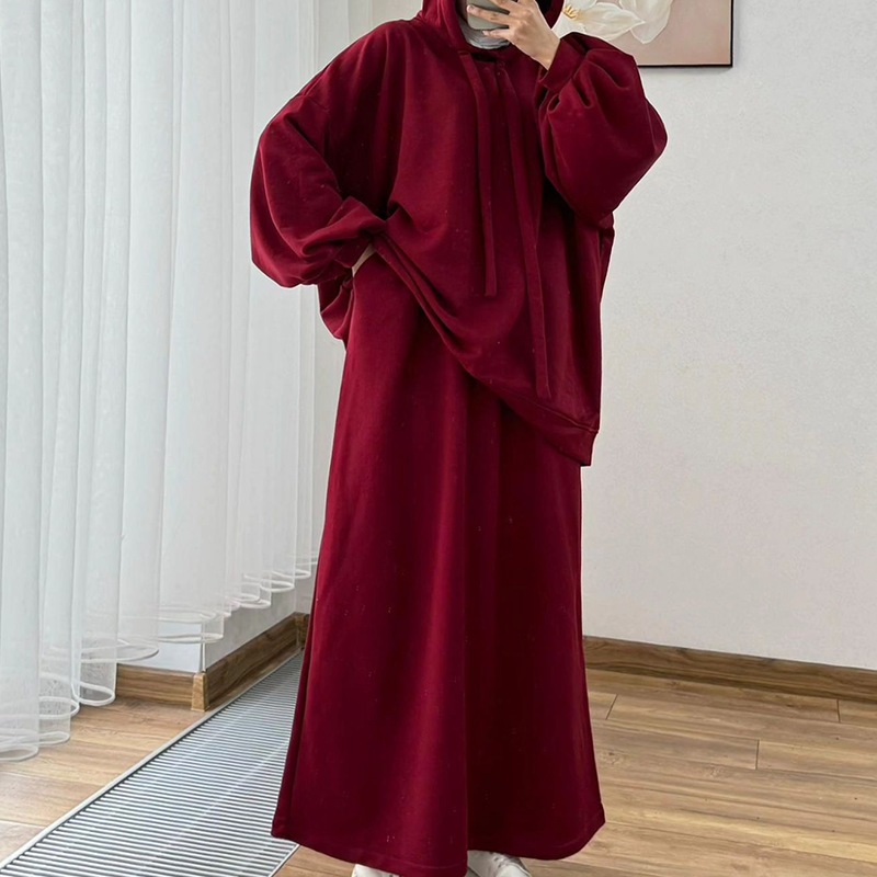 Arab Women's Set Two Pieces Suit Long Sleeve Hooded Tops Loose High Waist Skirt with Pocket Dubai Casual Clothing