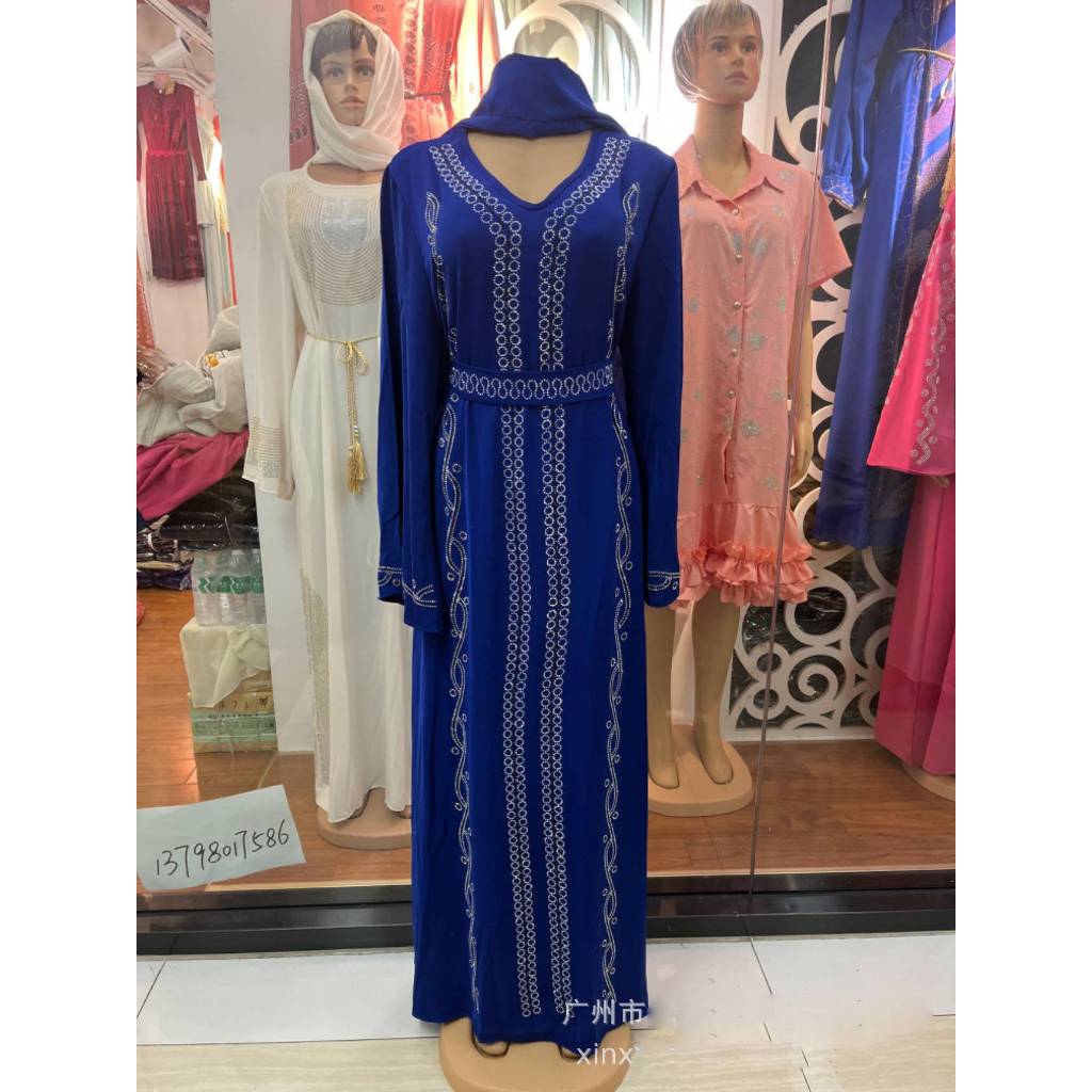 Dubai Muslim robe dress large size satin fashion hot diamond summer round neck pullover long skirt