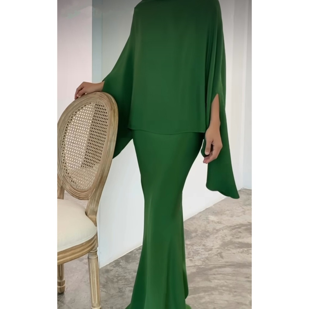 Elegant 2pcs Dress Women Muslim Abaya 2 Piece Sets Bat Sleeve Skirts Suits Pearl Dresses Vestido Eid Hijab Islam Clothin