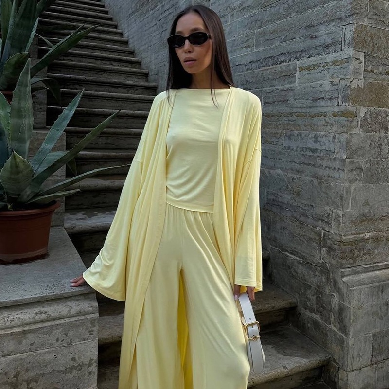 Casual Yellow Women 3 Pieces Suits V-neck Long Coat O-neck Slim Top Wide Leg Trousers Summer New Fashion