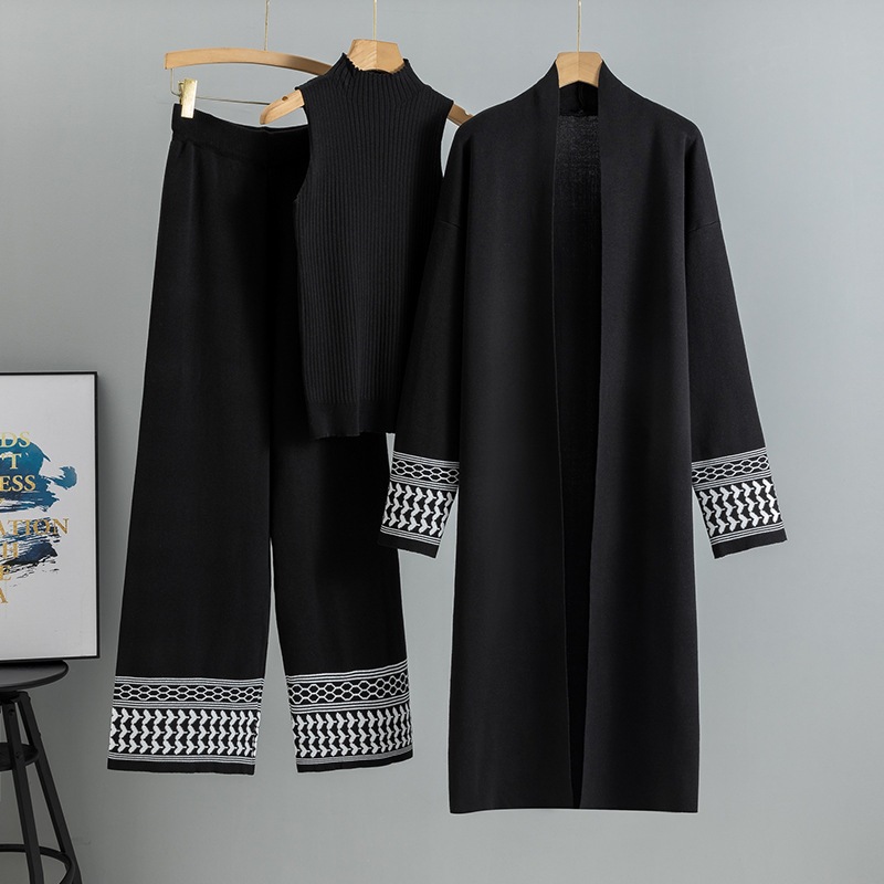 Casual Knitted Three-piece Sets Temperament Casual Cardigan Sweater Vest Wide Leg Pants Sets For Women Spring