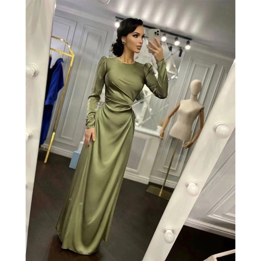 Women Sexy High Slit Satin Party Dress Office Fashion Boadycon Long Dresses Elegant O Neck Long Sleeve Solid Maxi Dress
