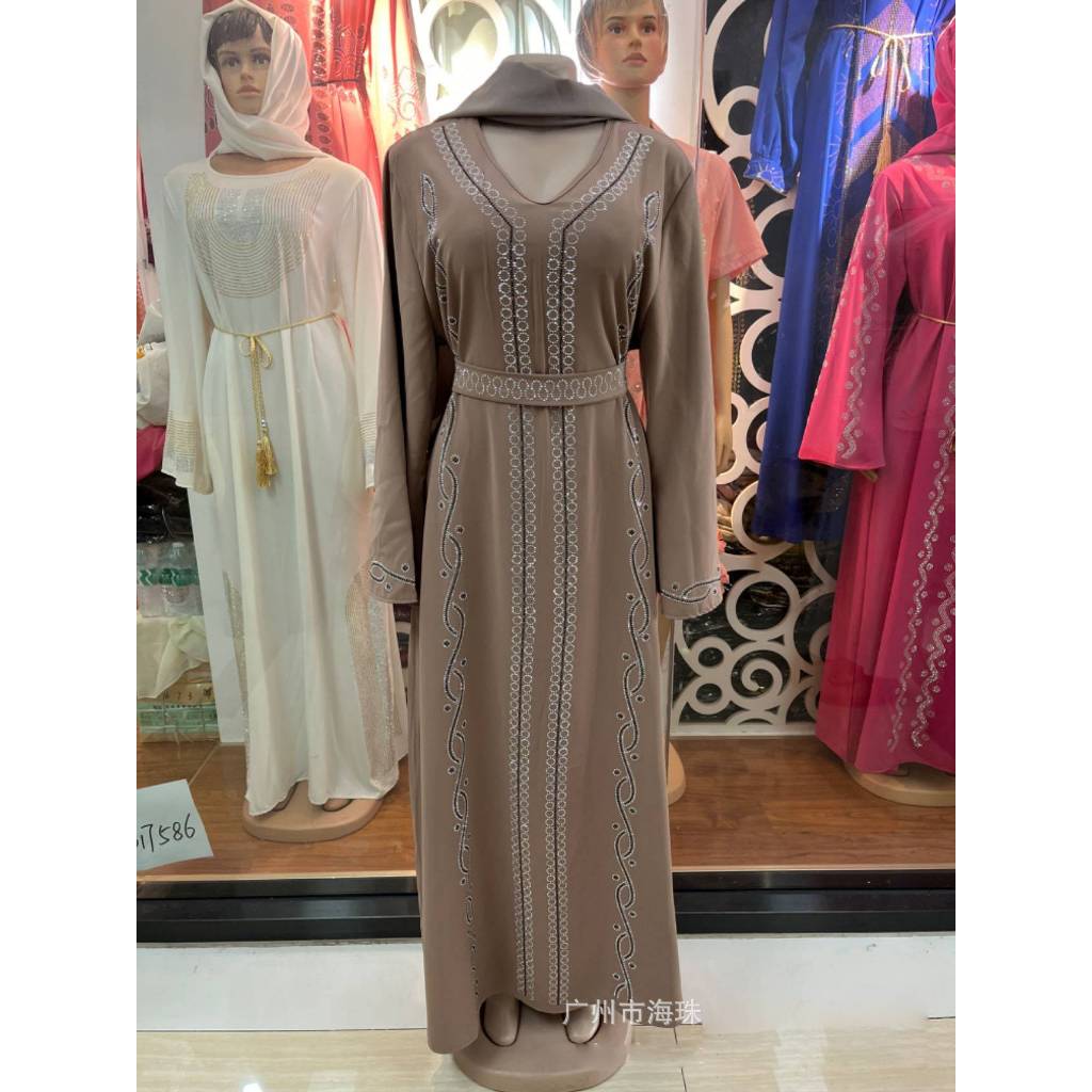 Dubai Muslim robe dress large size satin fashion hot diamond summer round neck pullover long skirt