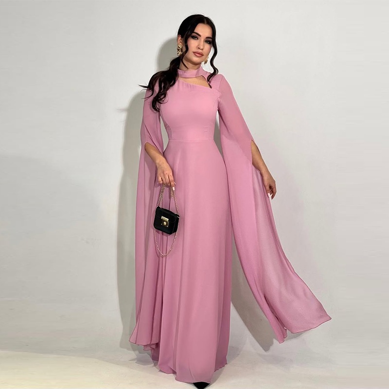 Spring Women's New Elegant Solid Color Waist Cinching Chiffon Big Batball Sleeve Dress Party Dinner Waist Cinching Dress
