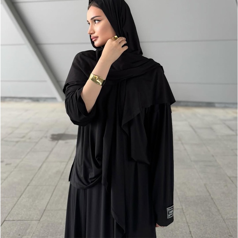 Elegant Modest Fashion Muslim Women Abaya Set Chic Headscarf & Long-Sleeve Dress Dubai Style