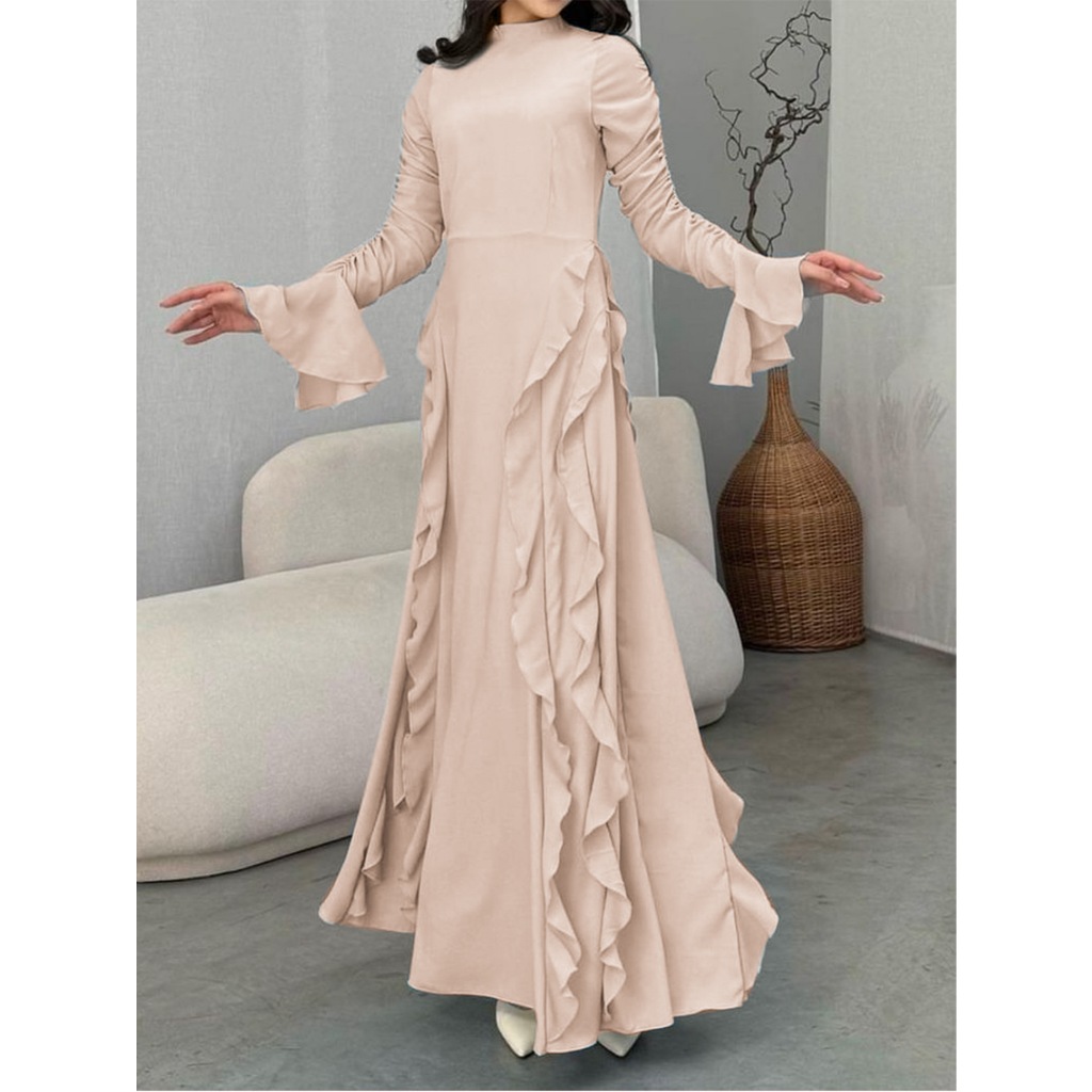 Elegant Midi Women's Dress Elegant Casual High Waisted Solid Color Design Flared Sleeves Dress