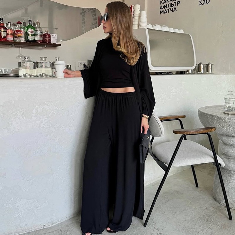 Casual Yellow Women 3 Pieces Suits V-neck Long Coat O-neck Slim Top Wide Leg Trousers Summer New Fashion