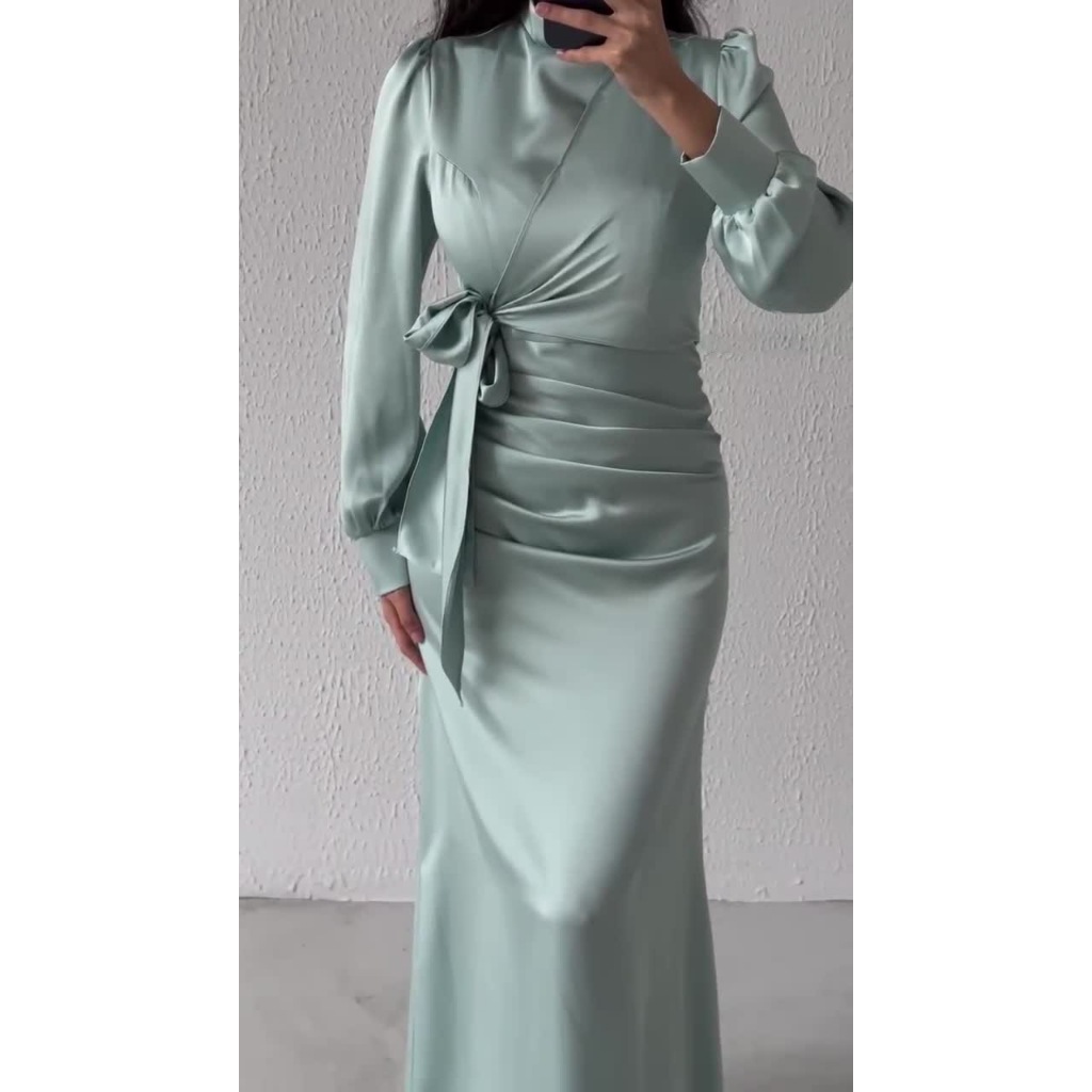 Dress Women Autumn Fashion Solid Color Satin Dress Women High Neck Long Sleeve High Waist Tie Up Elegant Slim Maxi Dress