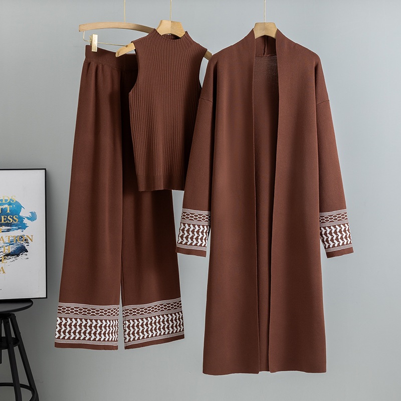 Casual Knitted Three-piece Sets Temperament Casual Cardigan Sweater Vest Wide Leg Pants Sets For Women Spring