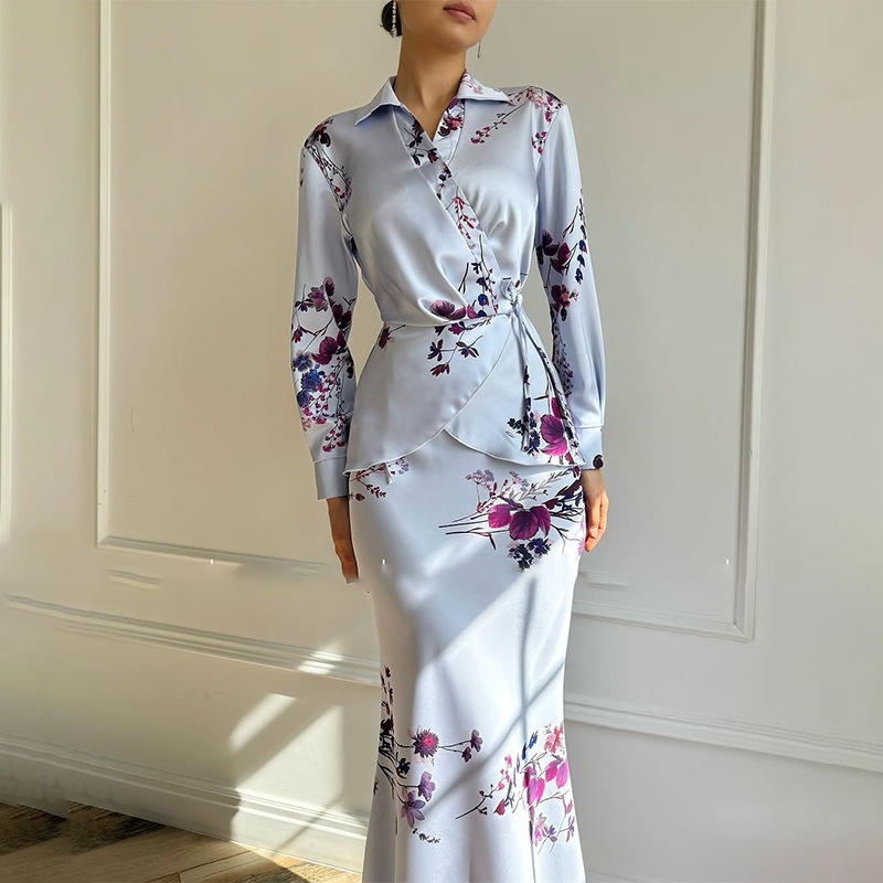 2 Piece Sets Elegant Muslimah Women V-neck Long Sleeved Top and Skirt Fashion Floral Print Slim Fit Suit Party Outfits