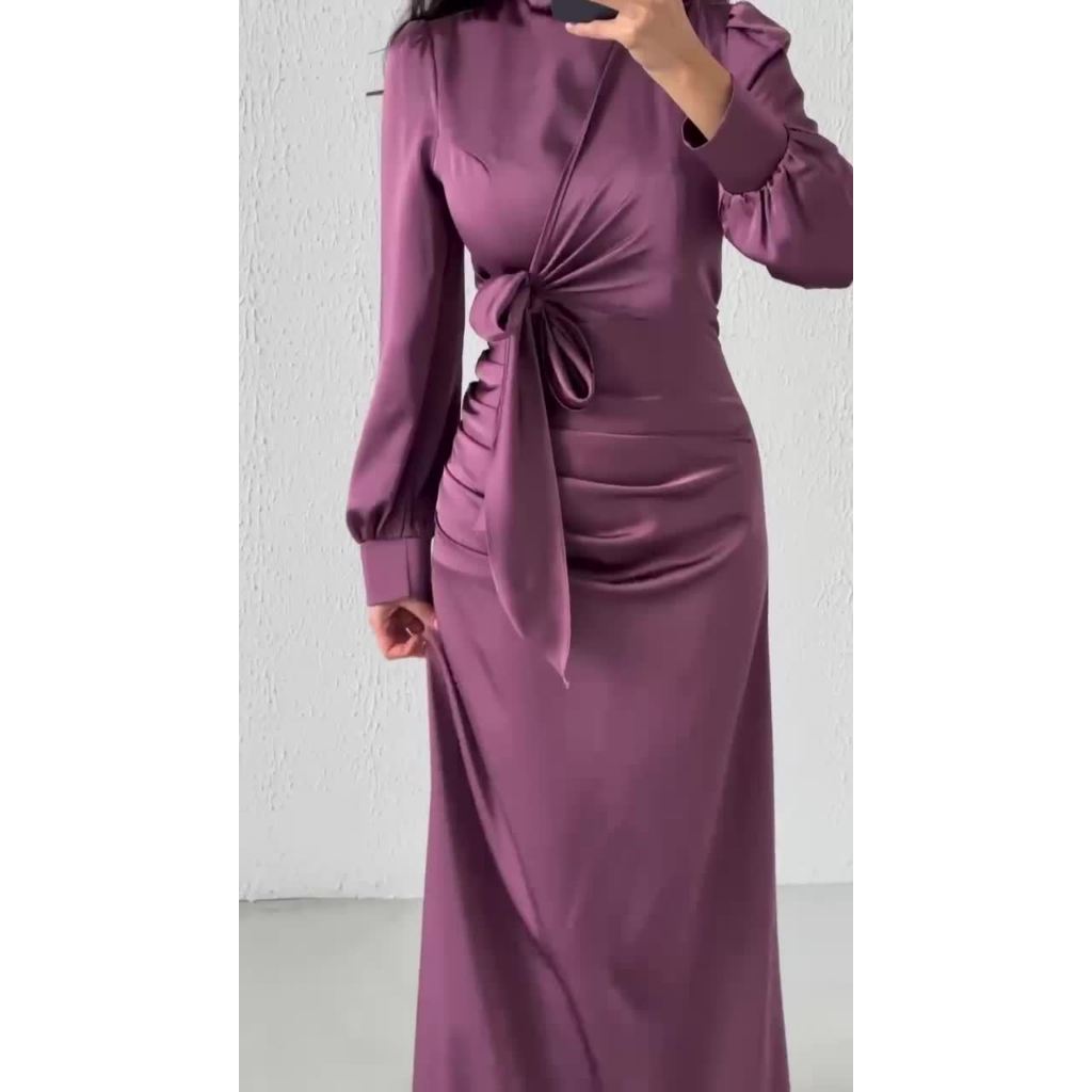 Dress Women Autumn Fashion Solid Color Satin Dress Women High Neck Long Sleeve High Waist Tie Up Elegant Slim Maxi Dress
