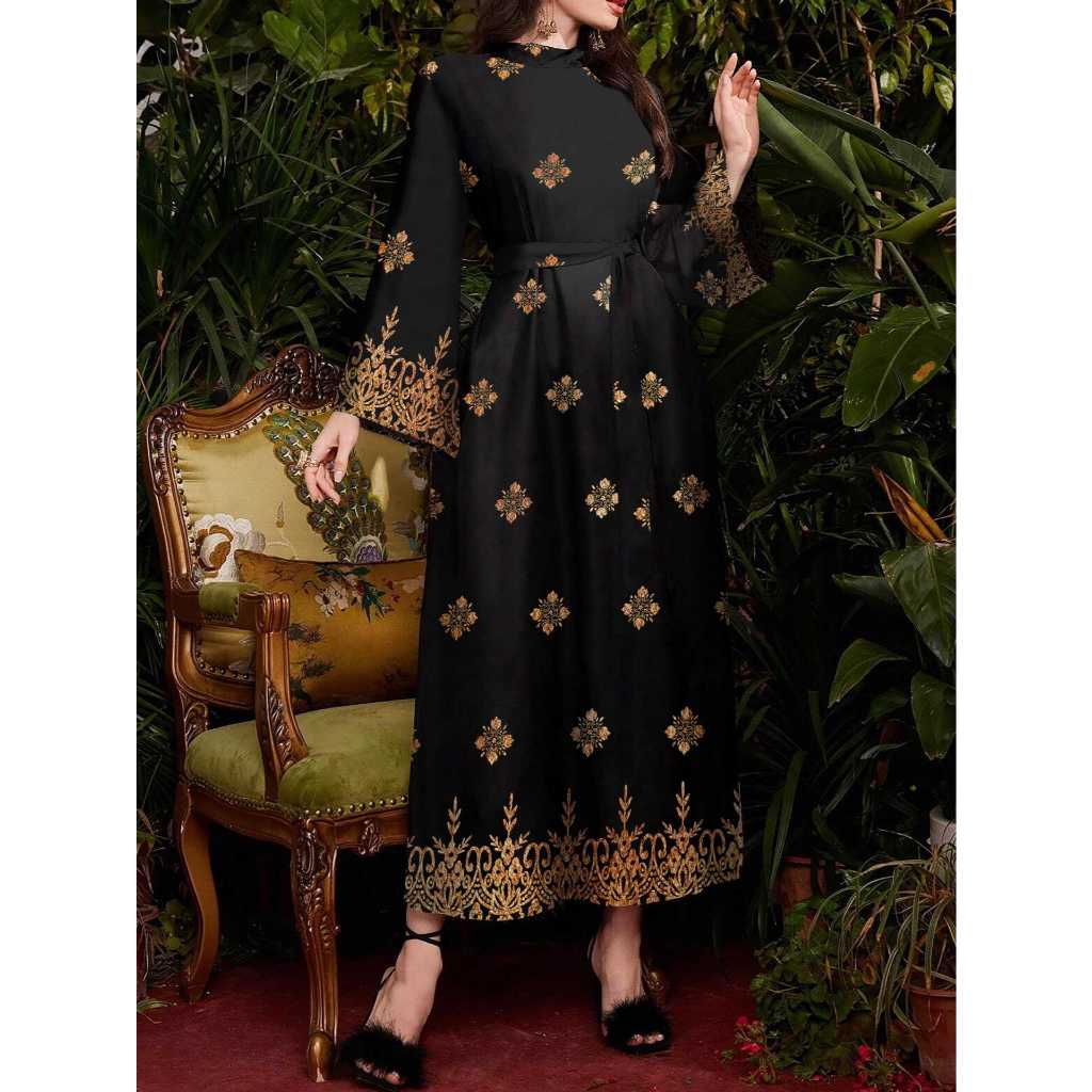 Elegant Black Printed Long-Sleeved Dress – Slim Fit, Waist-Hugging Maxi for Women Formal, Casual & Party Wear
