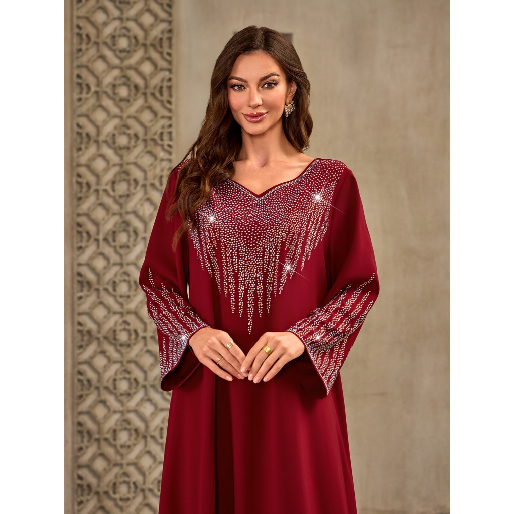 Diamonds Abaya Muslim Women Long Sleeve Maxi Dress Caftan Dubai Robe Jalabiya Kebaya Kaftan Muslimah Vestidos New