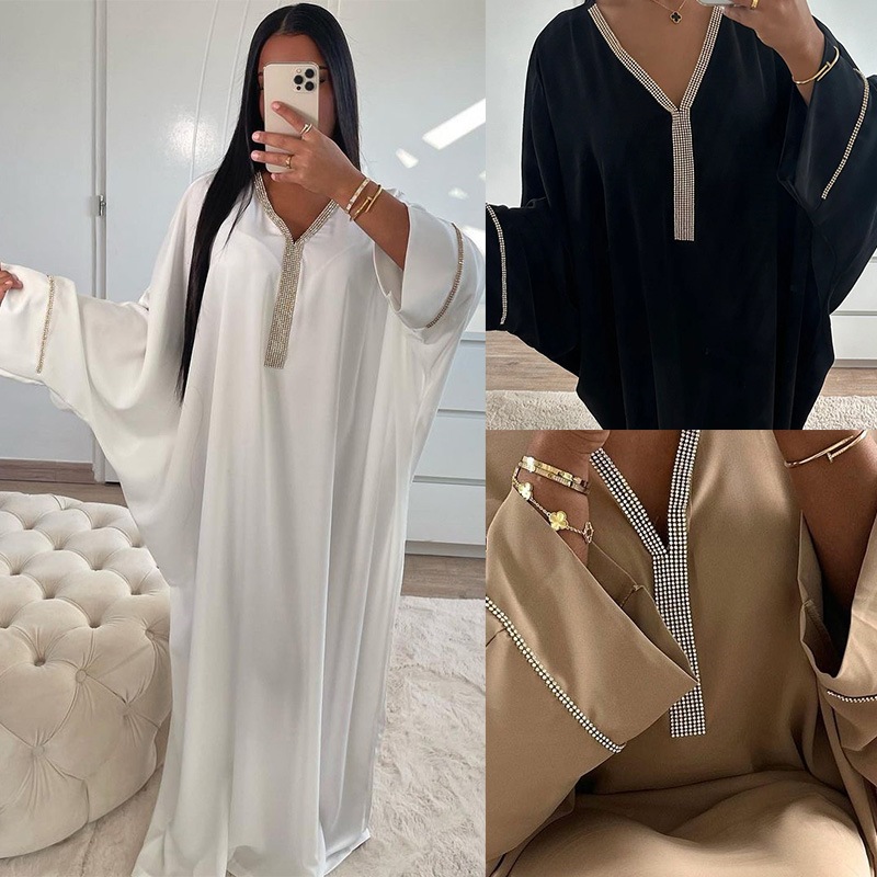 Muslim Long Dress Women Bat Sleeve Caftan Abaya Satin Robe Diamond Party Abayas Ramadan V Neck Kaftan Caftan Jalabiya